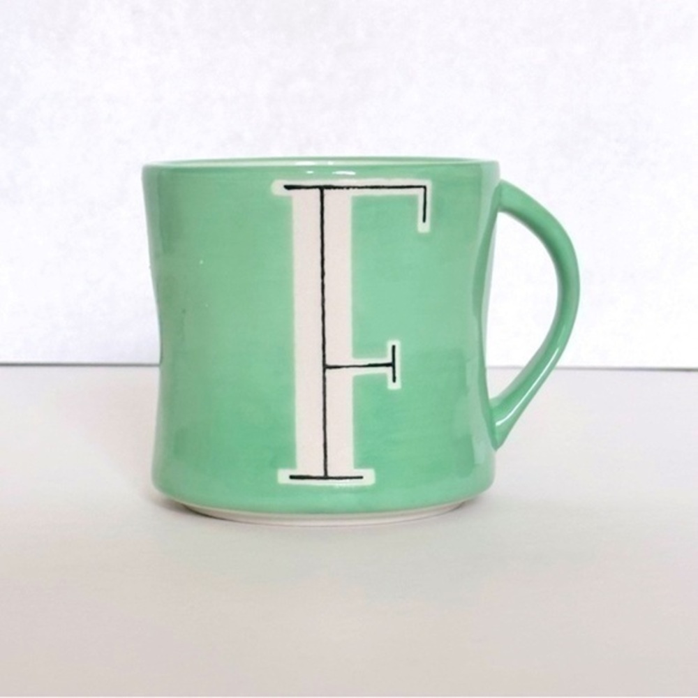 ANTHROPOLOGIE HAND PAINTED MONOGRAM “F” MUG GREEN